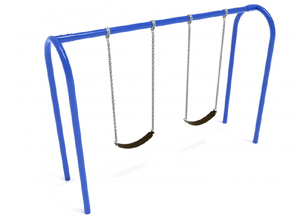 Arched-post commercial playground swing set with two belt swings providing a modern alternative to traditional swing frames.
